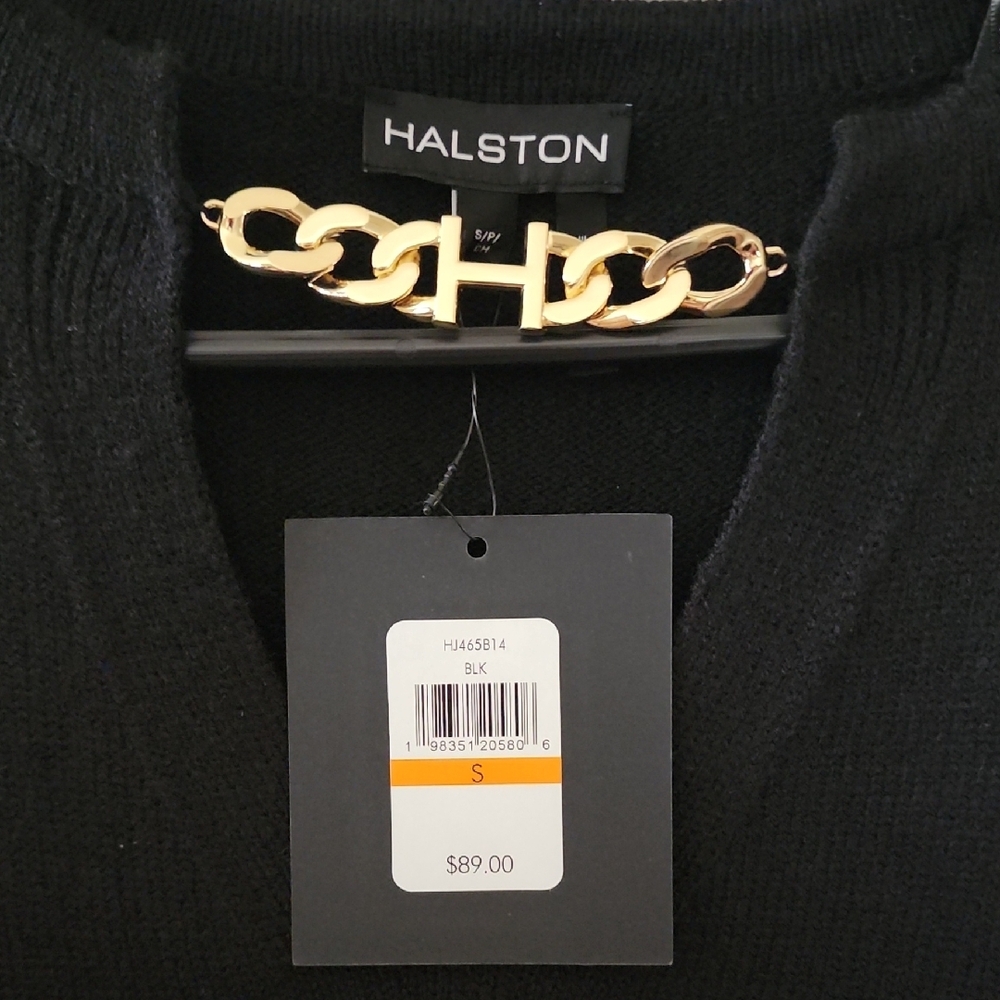Halston Designer V-neck Sweater "H" gold Chain Detail - Picture 2 of 5
